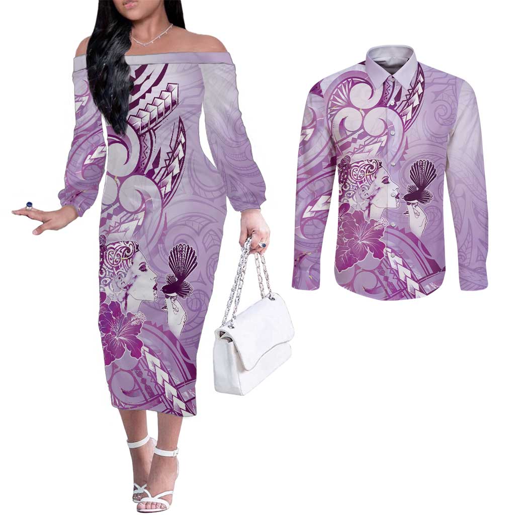 Aotearoa Maori Wahine Couples Matching Off The Shoulder Long Sleeve Dress and Long Sleeve Button Shirt Fantail Bird Purple Gold Marble LT05 Purple - Polynesian Pride