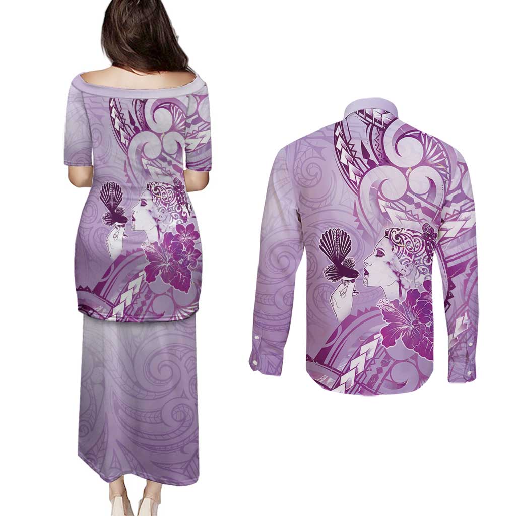 Aotearoa Maori Wahine Couples Matching Puletasi and Long Sleeve Button Shirt Fantail Bird Purple Gold Marble LT05 - Polynesian Pride