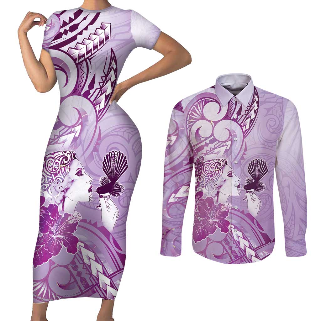 Aotearoa Maori Wahine Couples Matching Short Sleeve Bodycon Dress and Long Sleeve Button Shirt Fantail Bird Purple Gold Marble