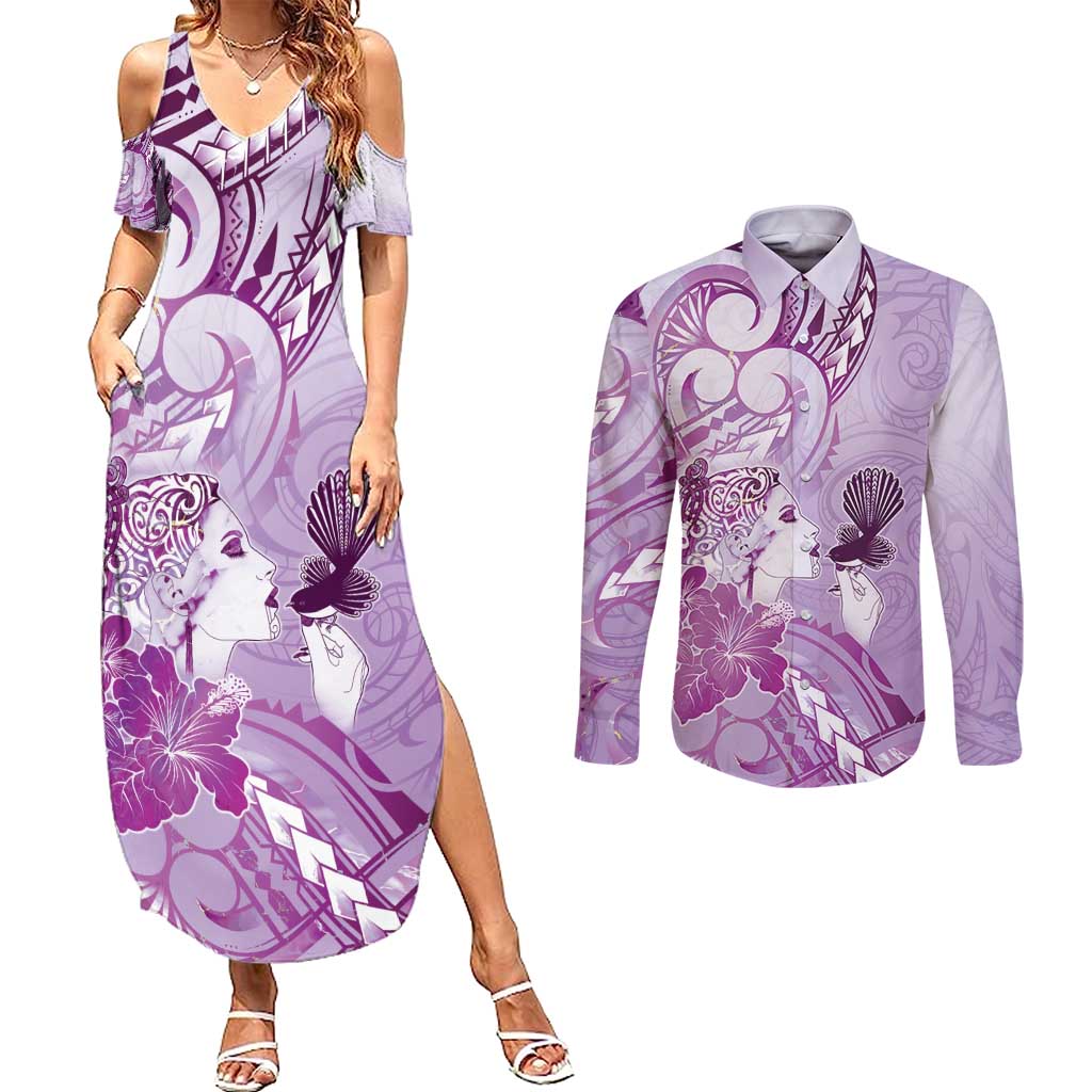 Aotearoa Maori Wahine Couples Matching Summer Maxi Dress and Long Sleeve Button Shirt Fantail Bird Purple Gold Marble