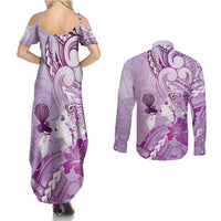 Aotearoa Maori Wahine Couples Matching Summer Maxi Dress and Long Sleeve Button Shirt Fantail Bird Purple Gold Marble