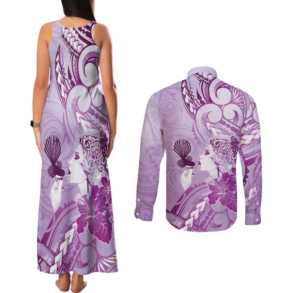 Aotearoa Maori Wahine Couples Matching Tank Maxi Dress and Long Sleeve Button Shirt Fantail Bird Purple Gold Marble