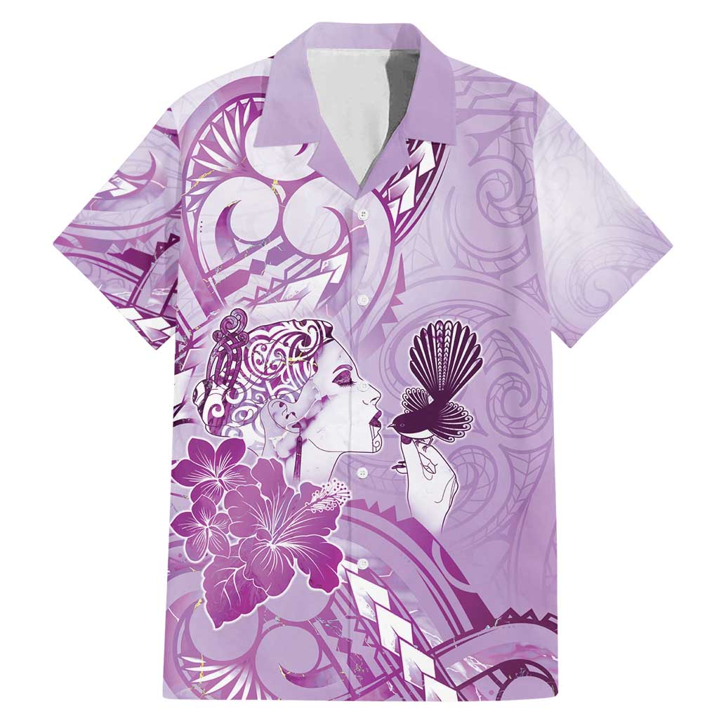 Aotearoa Maori Wahine Family Matching Mermaid Dress and Hawaiian Shirt Fantail Bird Purple Gold Marble LT05 Dad's Shirt - Short Sleeve Purple - Polynesian Pride