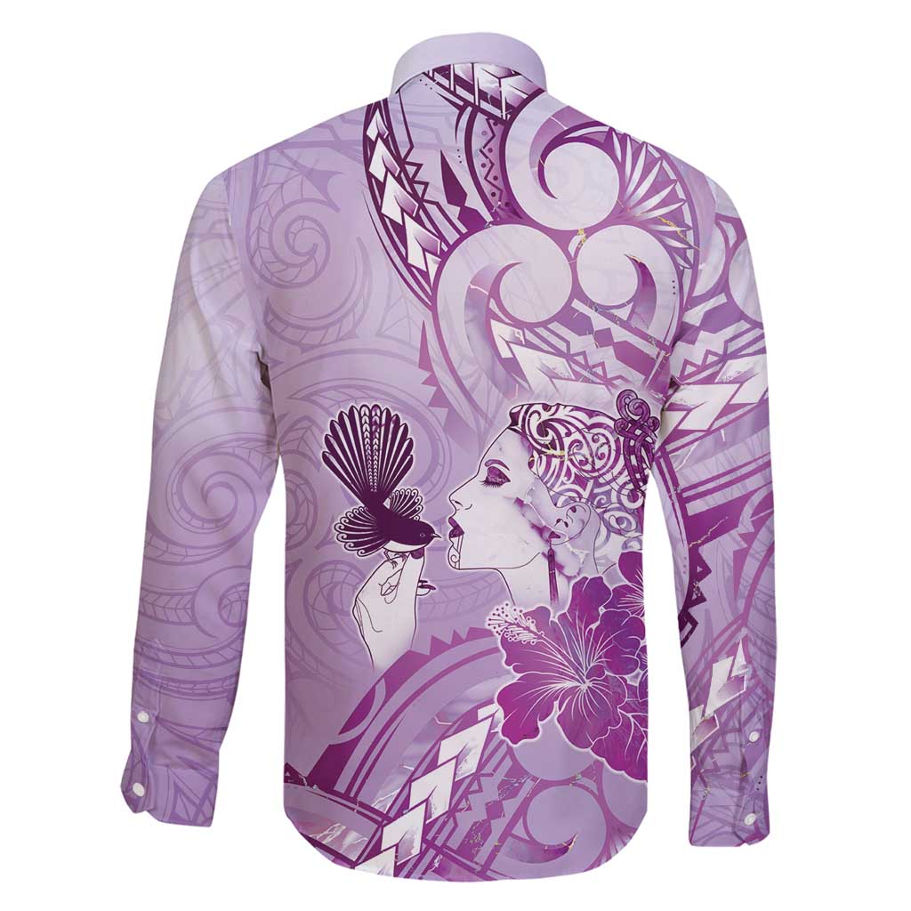 Aotearoa Maori Wahine Family Matching Off Shoulder Maxi Dress and Hawaiian Shirt Fantail Bird Purple Gold Marble LT05 - Polynesian Pride