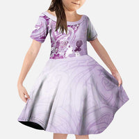 Aotearoa Maori Wahine Family Matching Puletasi and Hawaiian Shirt Fantail Bird Purple Gold Marble LT05 Daughter's Dress Purple - Polynesian Pride