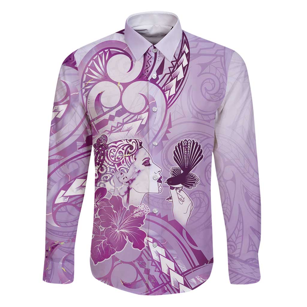 Aotearoa Maori Wahine Family Matching Puletasi and Hawaiian Shirt Fantail Bird Purple Gold Marble LT05 Dad's Shirt - Long Sleeve Purple - Polynesian Pride