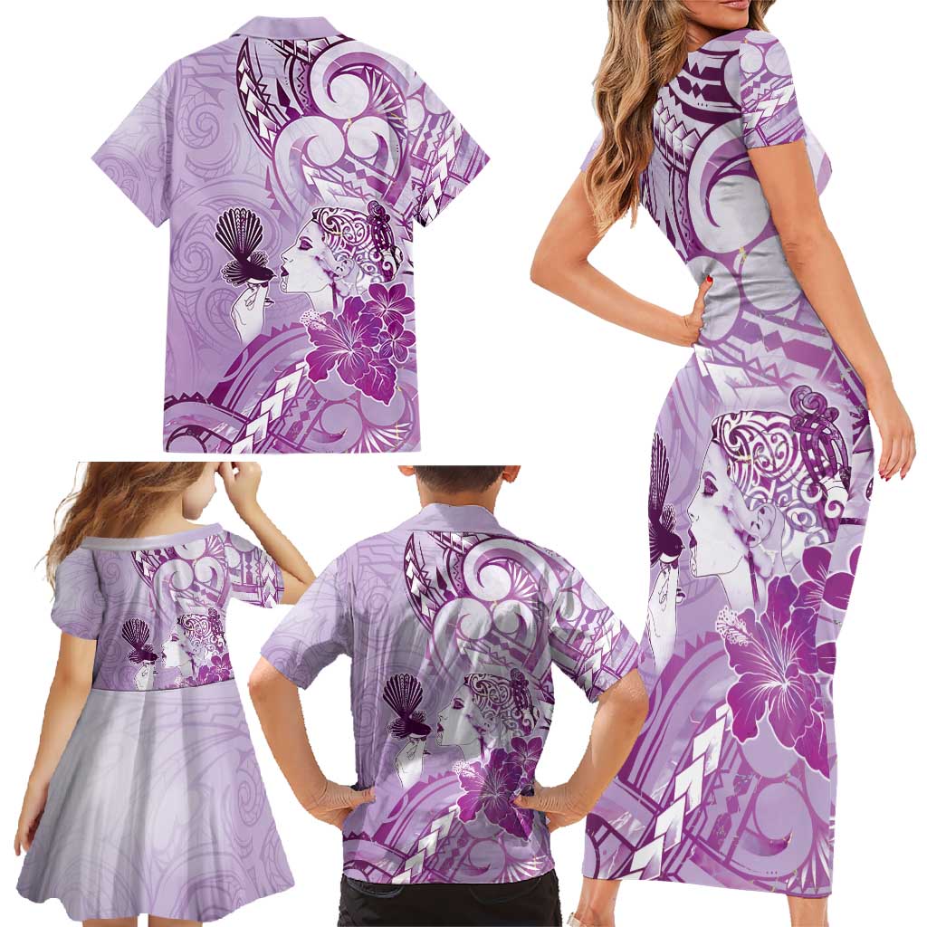 Aotearoa Maori Wahine Family Matching Short Sleeve Bodycon Dress and Hawaiian Shirt Fantail Bird Purple Gold Marble LT05 - Polynesian Pride