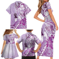 Aotearoa Maori Wahine Family Matching Short Sleeve Bodycon Dress and Hawaiian Shirt Fantail Bird Purple Gold Marble LT05 - Polynesian Pride