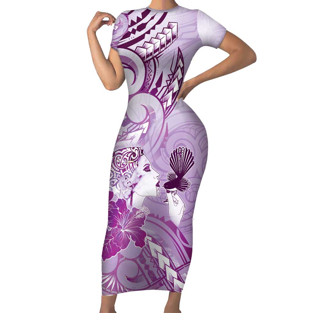 Aotearoa Maori Wahine Family Matching Short Sleeve Bodycon Dress and Hawaiian Shirt Fantail Bird Purple Gold Marble LT05 Mom's Dress Purple - Polynesian Pride
