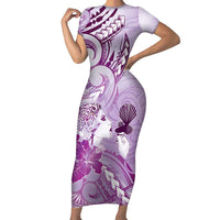 Aotearoa Maori Wahine Family Matching Short Sleeve Bodycon Dress and Hawaiian Shirt Fantail Bird Purple Gold Marble LT05 Mom's Dress Purple - Polynesian Pride