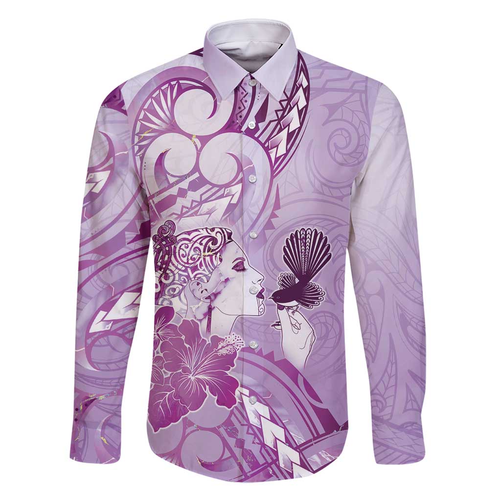 Aotearoa Maori Wahine Family Matching Summer Maxi Dress and Hawaiian Shirt Fantail Bird Purple Gold Marble LT05 Dad's Shirt - Long Sleeve Purple - Polynesian Pride