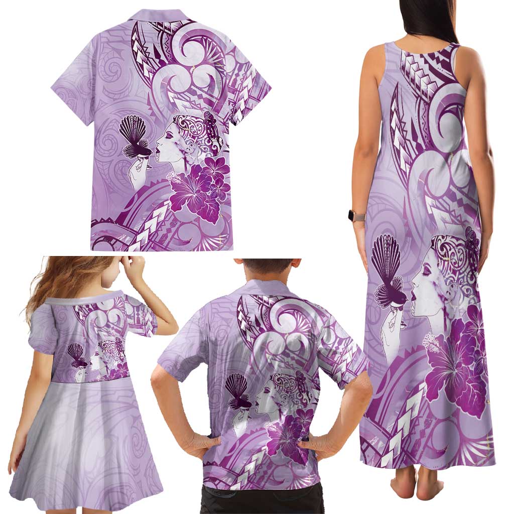Aotearoa Maori Wahine Family Matching Tank Maxi Dress and Hawaiian Shirt Fantail Bird Purple Gold Marble LT05 - Polynesian Pride