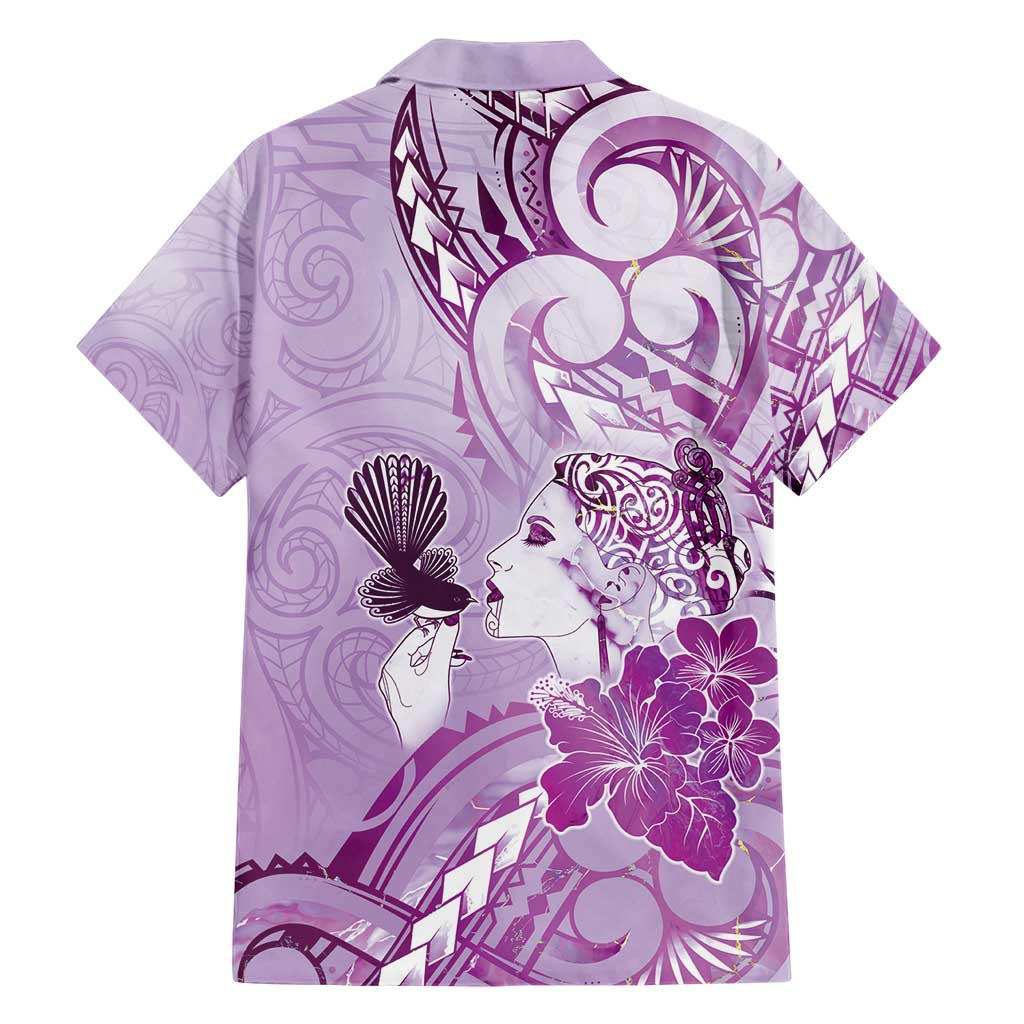 Aotearoa Maori Wahine Hawaiian Shirt Fantail Bird Purple Gold Marble