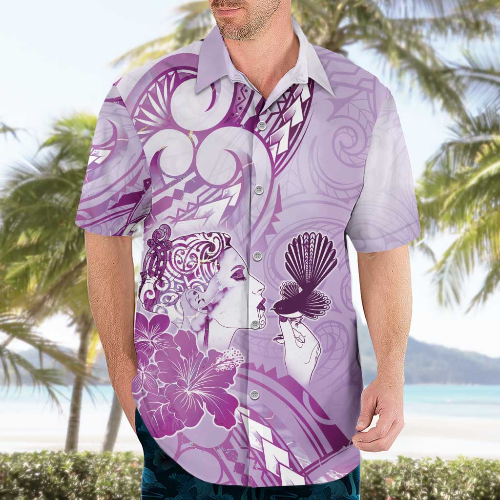 Aotearoa Maori Wahine Hawaiian Shirt Fantail Bird Purple Gold Marble