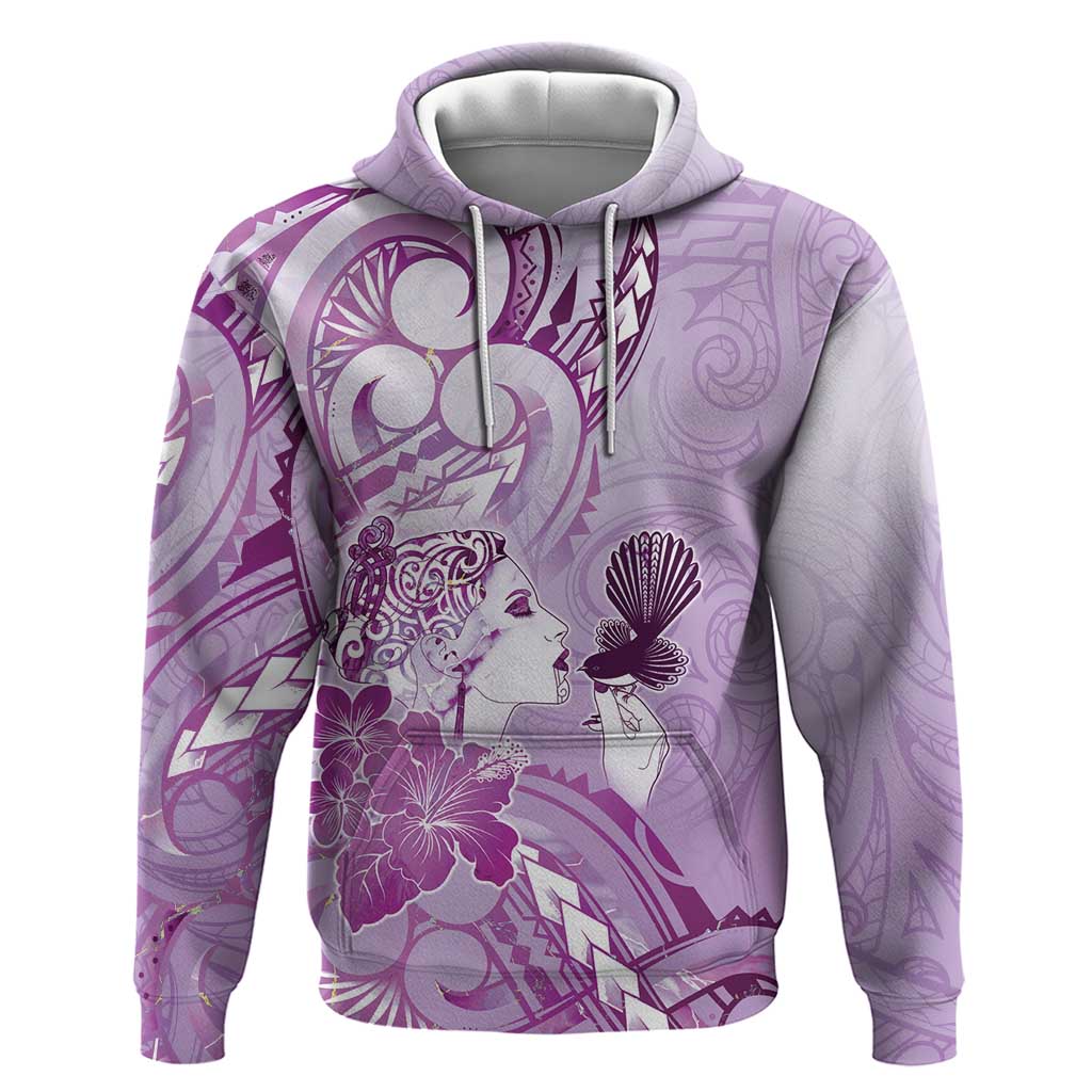 Aotearoa Maori Wahine Hoodie Fantail Bird Purple Gold Marble