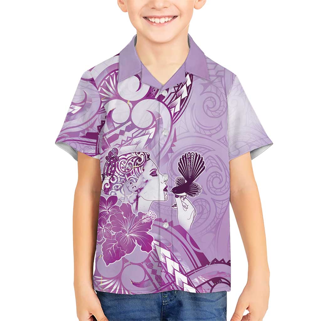 Aotearoa Maori Wahine Kid Hawaiian Shirt Fantail Bird Purple Gold Marble