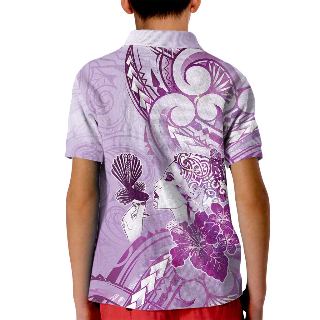 Aotearoa Maori Wahine Kid Polo Shirt Fantail Bird Purple Gold Marble LT05 - Polynesian Pride