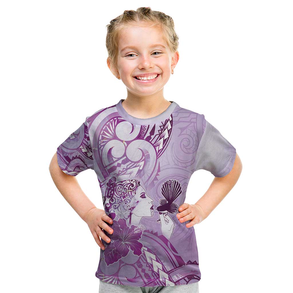 Aotearoa Maori Wahine Kid T Shirt Fantail Bird Purple Gold Marble LT05 Purple - Polynesian Pride