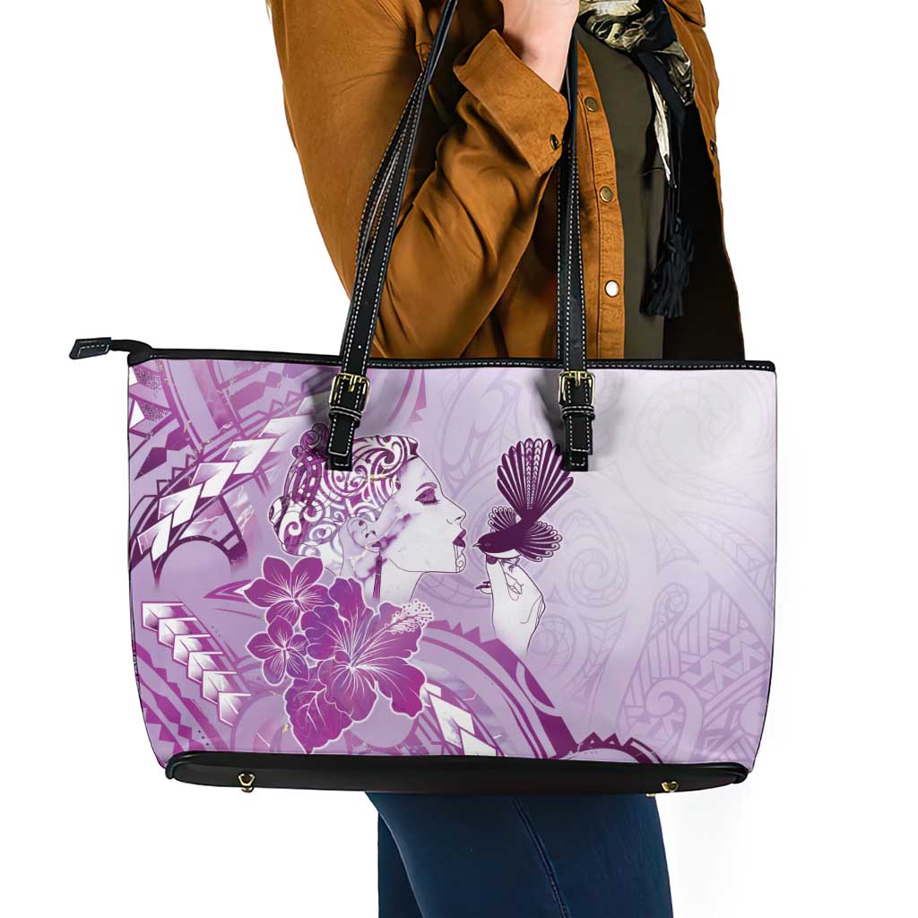 Aotearoa Maori Wahine Leather Tote Bag Fantail Bird Purple Gold Marble LT05 - Polynesian Pride