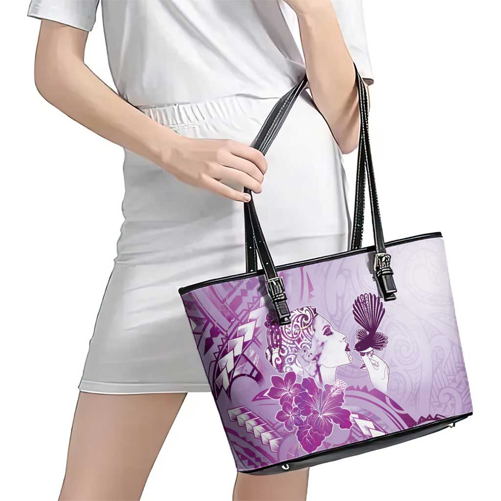 Aotearoa Maori Wahine Leather Tote Bag Fantail Bird Purple Gold Marble LT05 - Polynesian Pride