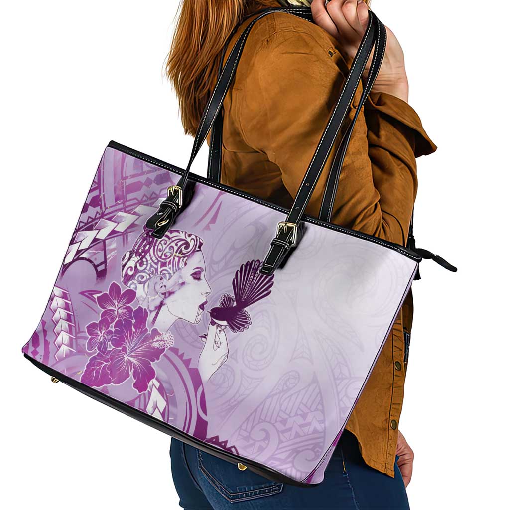 Aotearoa Maori Wahine Leather Tote Bag Fantail Bird Purple Gold Marble LT05 - Polynesian Pride