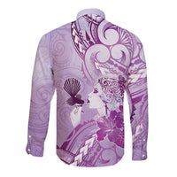 Aotearoa Maori Wahine Long Sleeve Button Shirt Fantail Bird Purple Gold Marble LT05 - Polynesian Pride