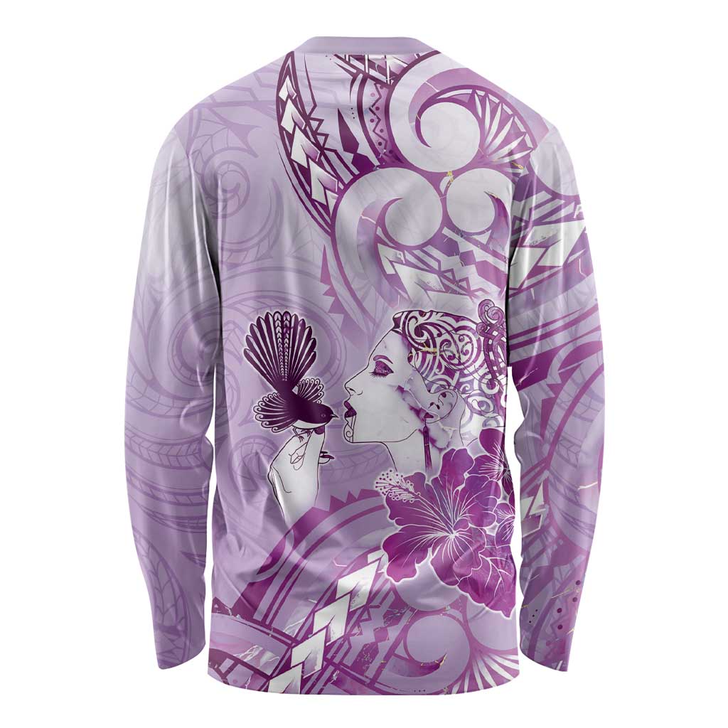 Aotearoa Maori Wahine Long Sleeve Shirt Fantail Bird Purple Gold Marble LT05 - Polynesian Pride