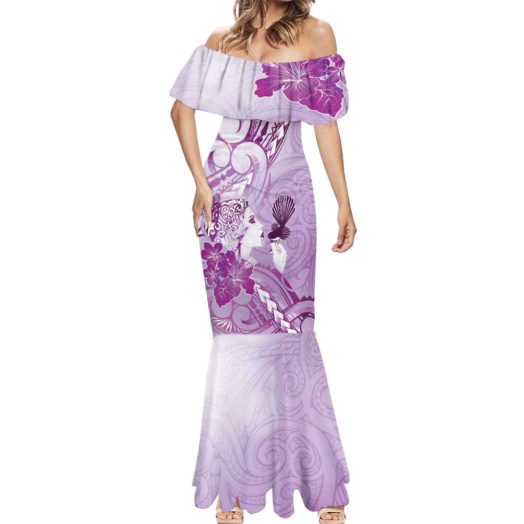 Aotearoa Maori Wahine Mermaid Dress Fantail Bird Purple Gold Marble