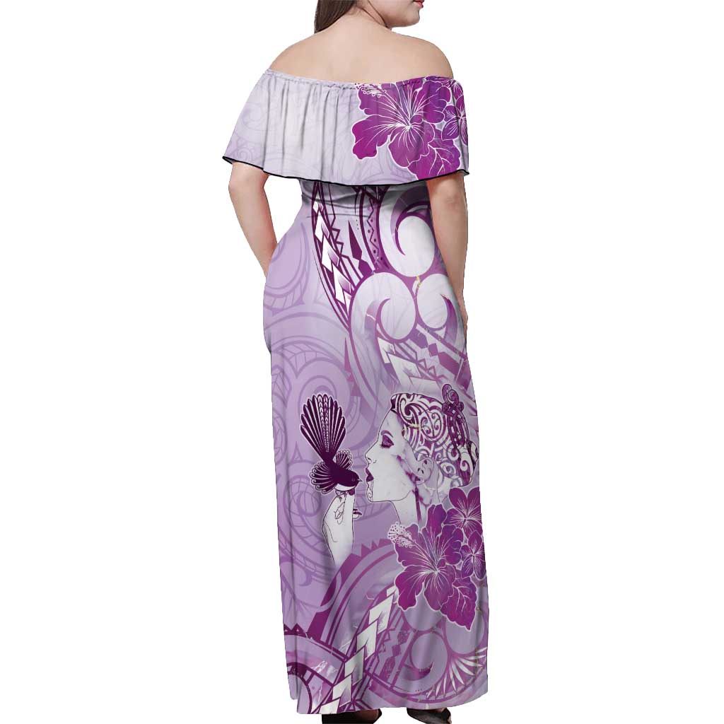 Aotearoa Maori Wahine Off Shoulder Maxi Dress Fantail Bird Purple Gold Marble