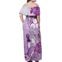 Aotearoa Maori Wahine Off Shoulder Maxi Dress Fantail Bird Purple Gold Marble