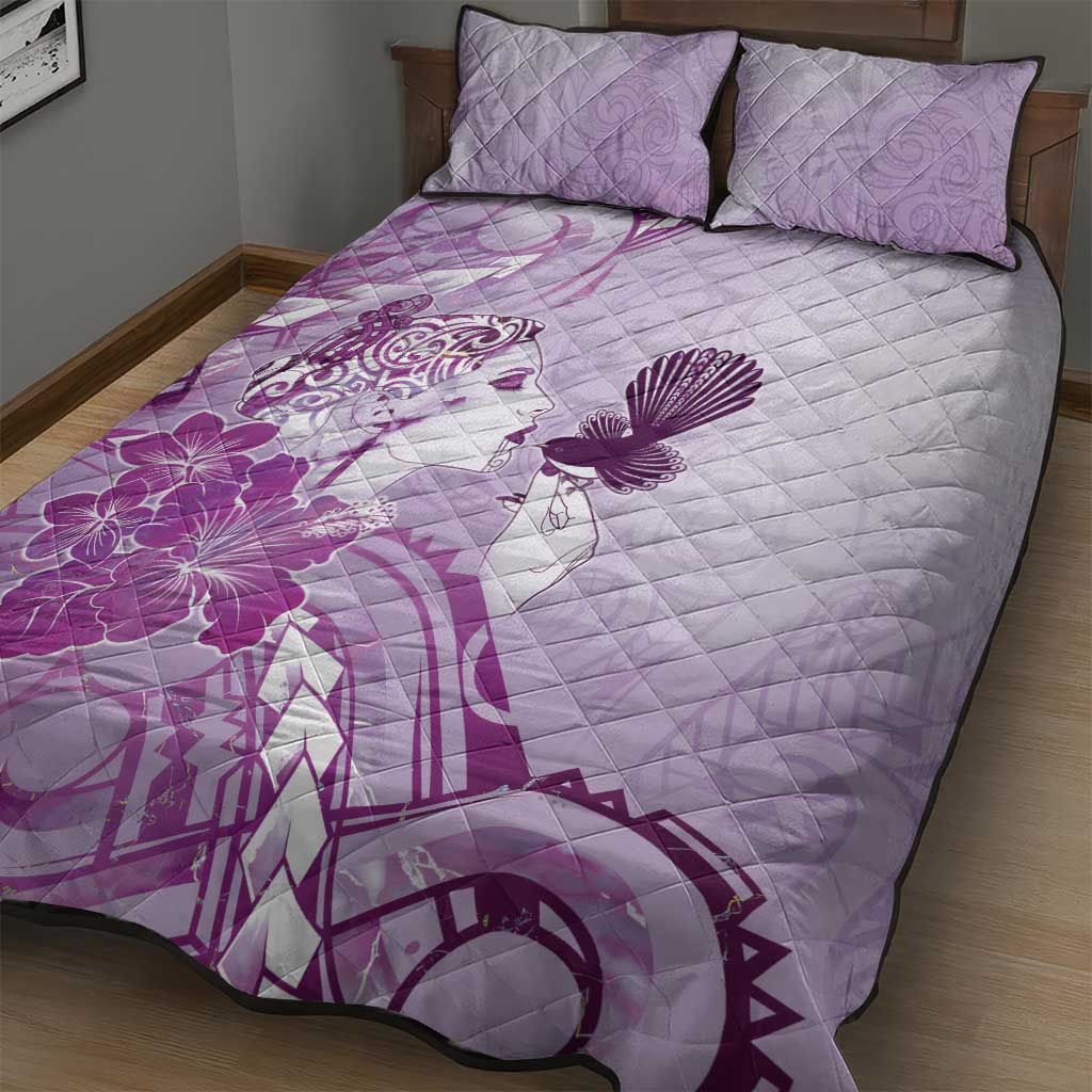 Aotearoa Maori Wahine Quilt Bed Set Fantail Bird Purple Gold Marble