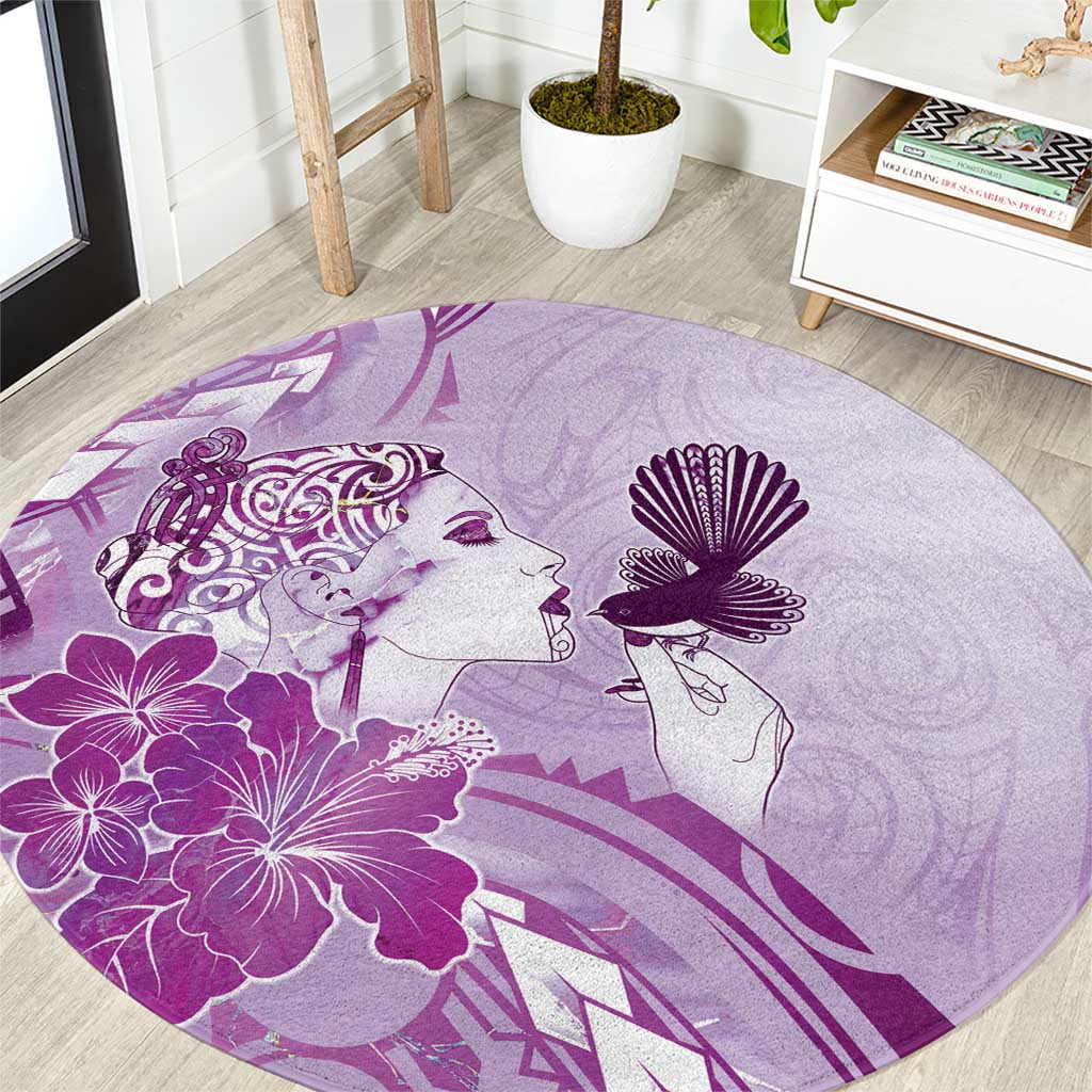 Aotearoa Maori Wahine Round Carpet Fantail Bird Purple Gold Marble