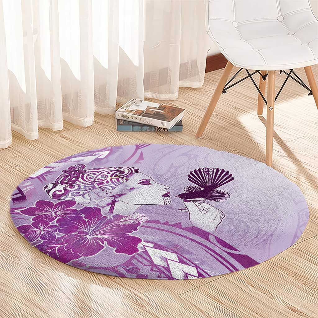Aotearoa Maori Wahine Round Carpet Fantail Bird Purple Gold Marble