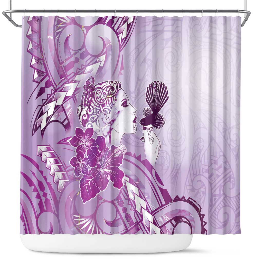 Aotearoa Maori Wahine Shower Curtain Fantail Bird Purple Gold Marble