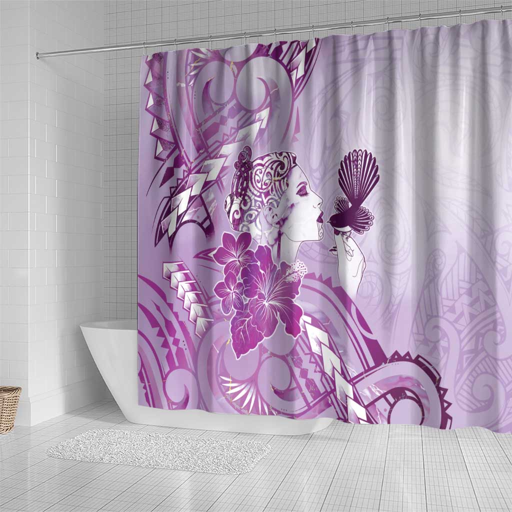 Aotearoa Maori Wahine Shower Curtain Fantail Bird Purple Gold Marble