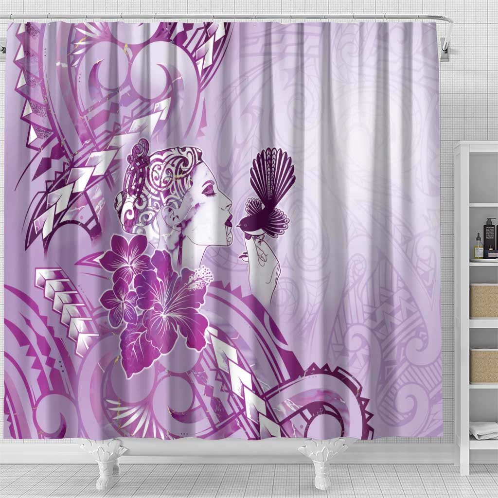 Aotearoa Maori Wahine Shower Curtain Fantail Bird Purple Gold Marble