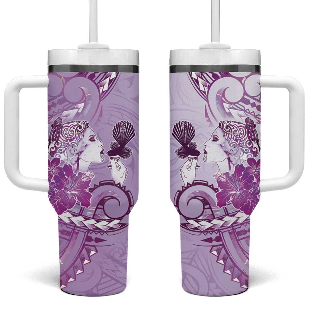 Aotearoa Maori Wahine Tumbler With Handle Fantail Bird Purple Gold Marble LT05 One Size: 40 oz Purple - Polynesian Pride
