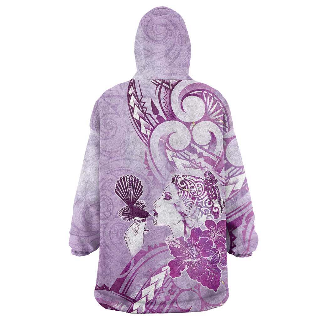 Aotearoa Maori Wahine Wearable Blanket Hoodie Fantail Bird Purple Gold Marble