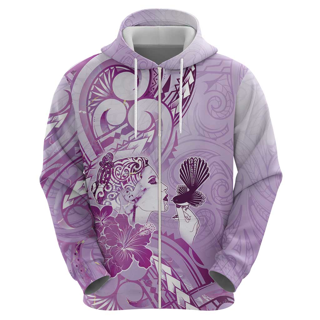 Aotearoa Maori Wahine Zip Hoodie Fantail Bird Purple Gold Marble
