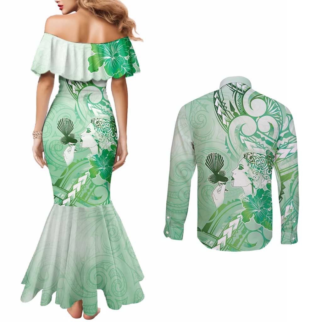 Aotearoa Maori Wahine Couples Matching Mermaid Dress and Long Sleeve Button Shirt Fantail Bird Green Gold Marble