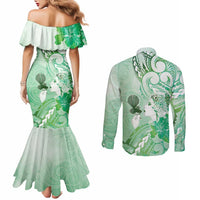 Aotearoa Maori Wahine Couples Matching Mermaid Dress and Long Sleeve Button Shirt Fantail Bird Green Gold Marble