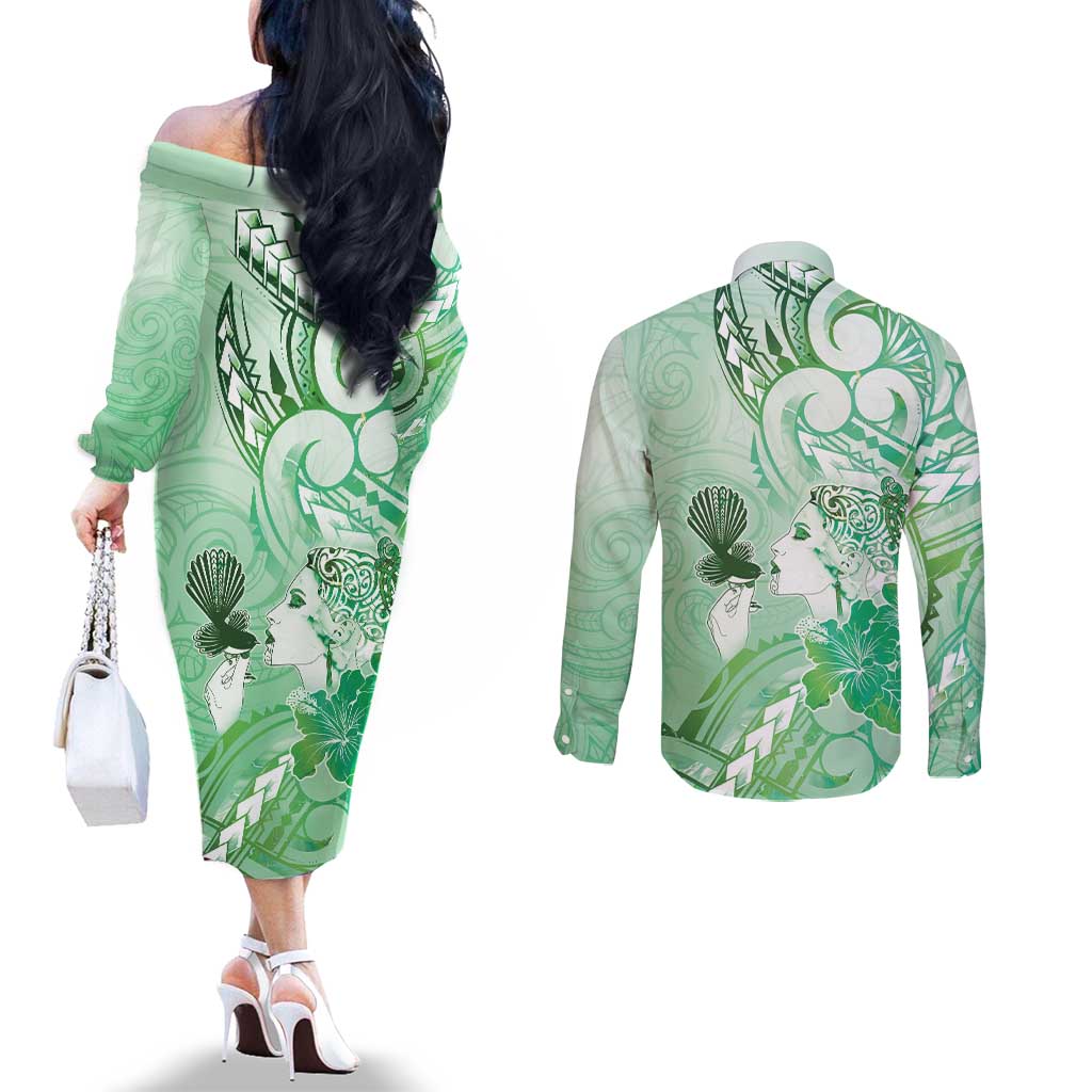 Aotearoa Maori Wahine Couples Matching Off The Shoulder Long Sleeve Dress and Long Sleeve Button Shirt Fantail Bird Green Gold Marble LT05 - Polynesian Pride