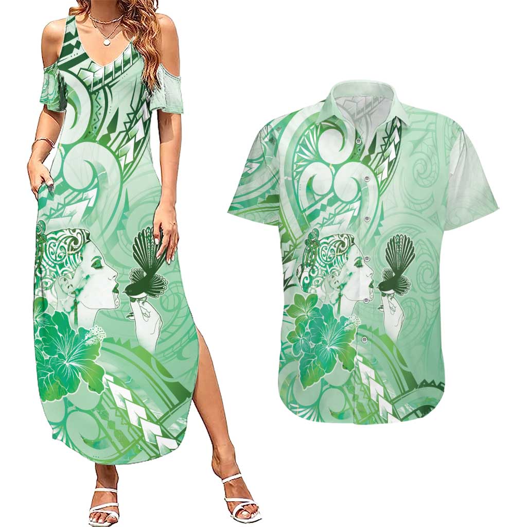 Aotearoa Maori Wahine Couples Matching Summer Maxi Dress and Hawaiian Shirt Fantail Bird Green Gold Marble LT05 Green - Polynesian Pride