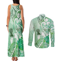 Aotearoa Maori Wahine Couples Matching Tank Maxi Dress and Long Sleeve Button Shirt Fantail Bird Green Gold Marble