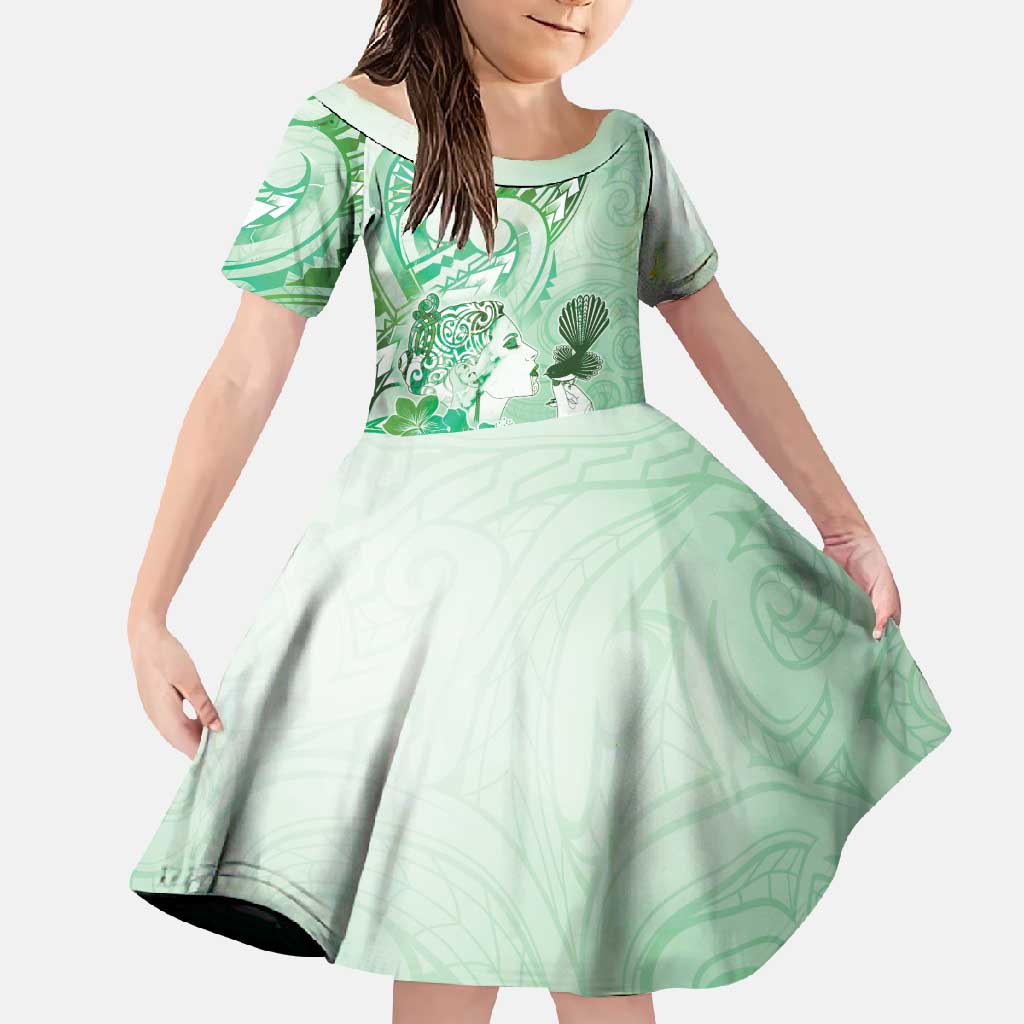 Aotearoa Maori Wahine Family Matching Long Sleeve Bodycon Dress and Hawaiian Shirt Fantail Bird Green Gold Marble LT05 Daughter's Dress Green - Polynesian Pride