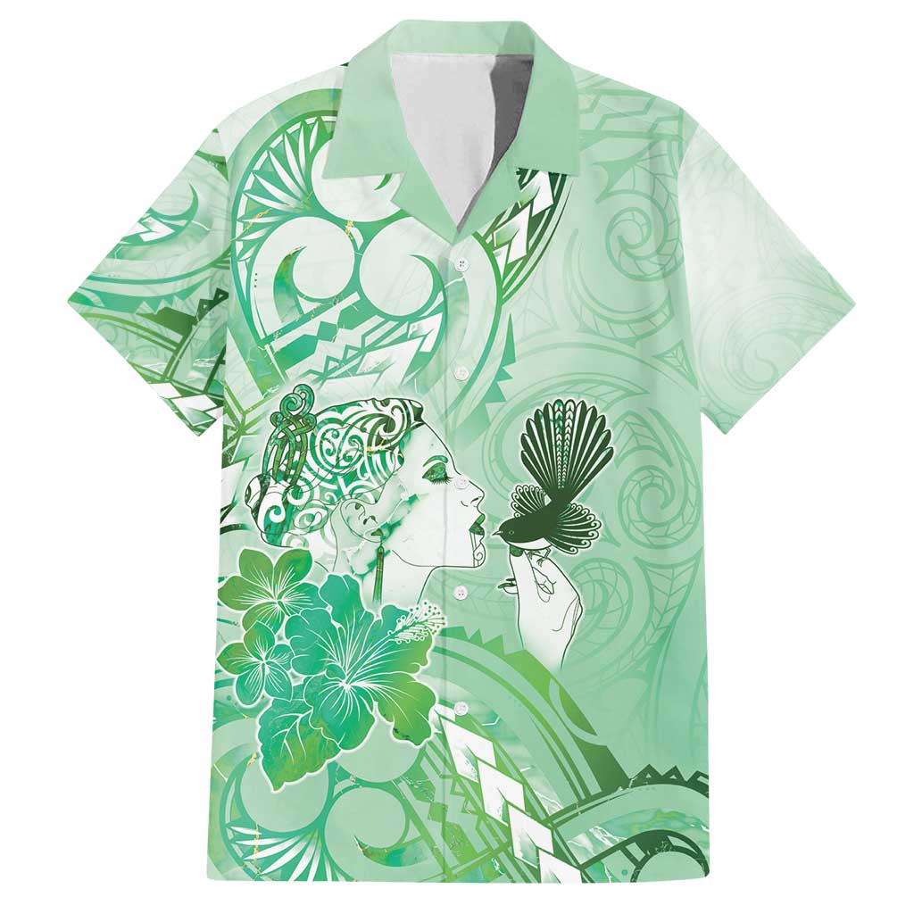 Aotearoa Maori Wahine Family Matching Long Sleeve Bodycon Dress and Hawaiian Shirt Fantail Bird Green Gold Marble LT05 Dad's Shirt - Short Sleeve Green - Polynesian Pride