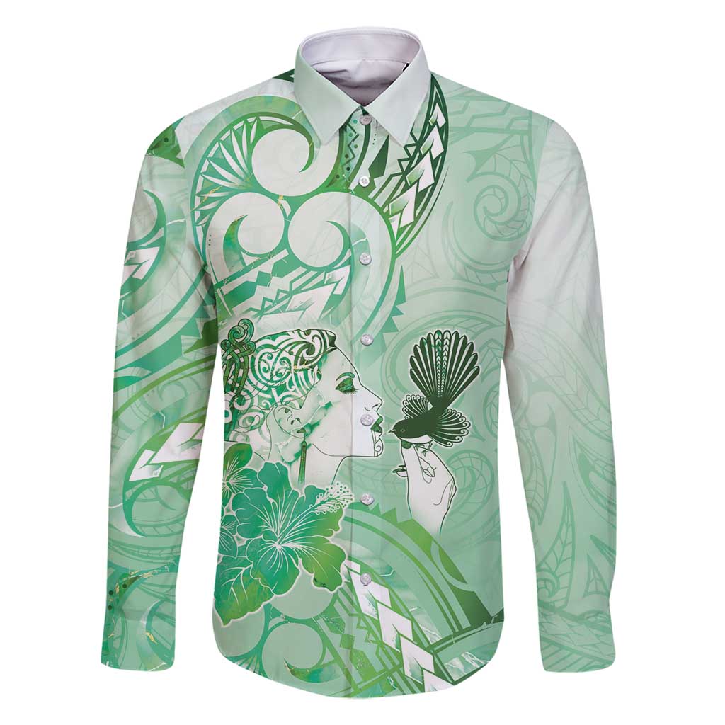 Aotearoa Maori Wahine Family Matching Mermaid Dress and Hawaiian Shirt Fantail Bird Green Gold Marble LT05 Dad's Shirt - Long Sleeve Green - Polynesian Pride