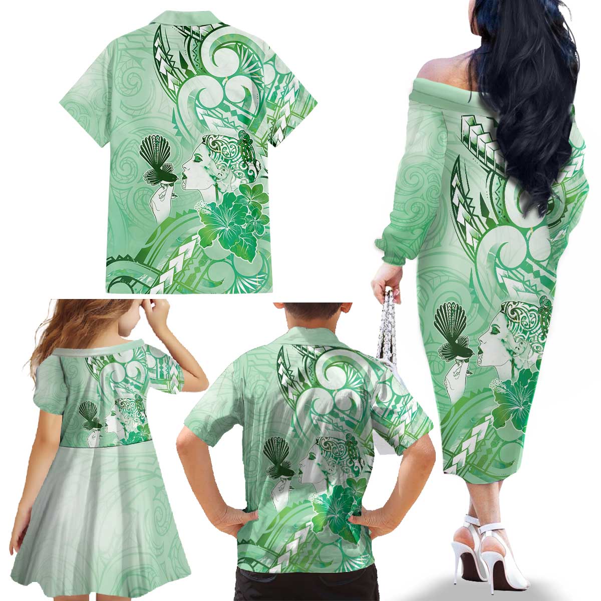 Aotearoa Maori Wahine Family Matching Off The Shoulder Long Sleeve Dress and Hawaiian Shirt Fantail Bird Green Gold Marble