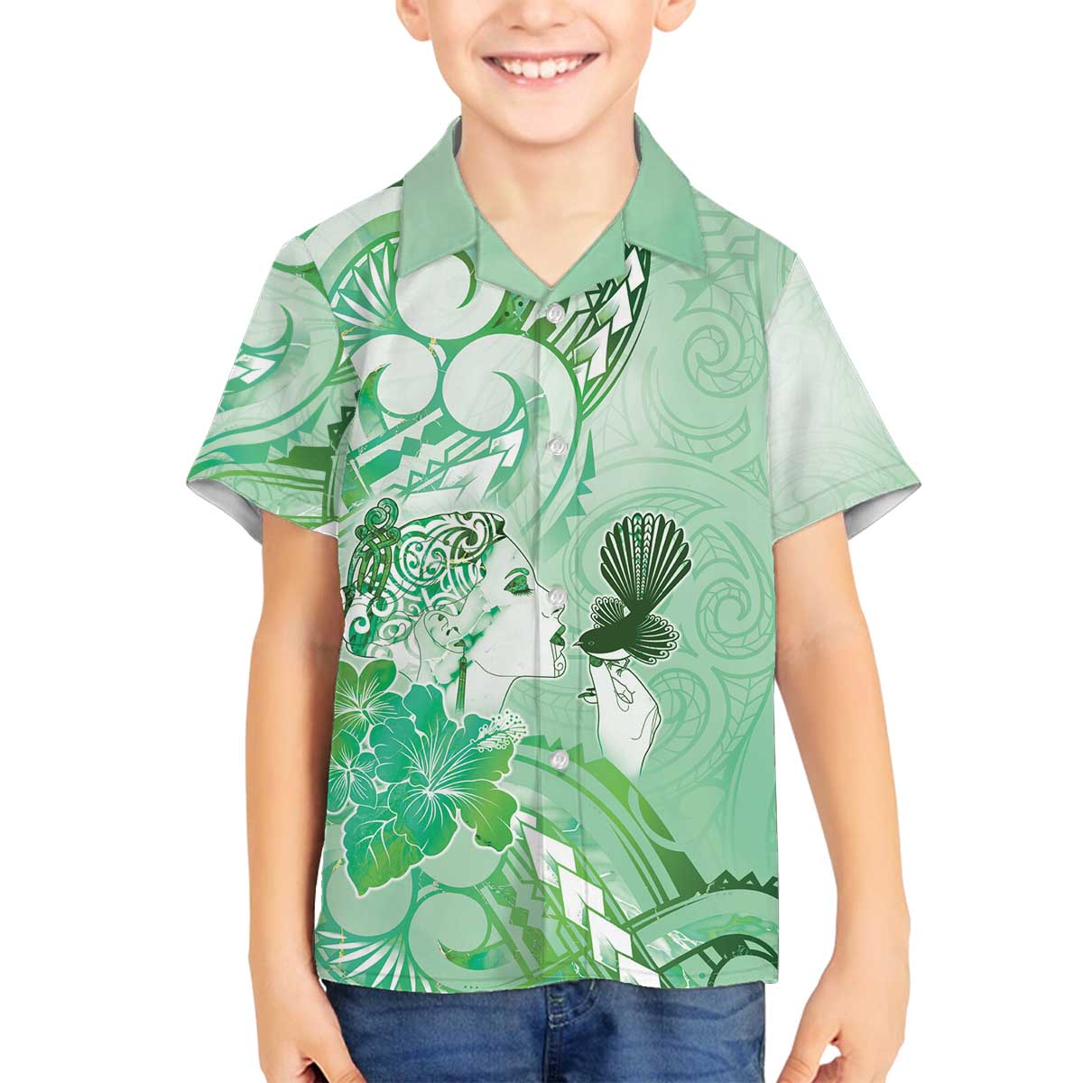 Aotearoa Maori Wahine Family Matching Off The Shoulder Long Sleeve Dress and Hawaiian Shirt Fantail Bird Green Gold Marble