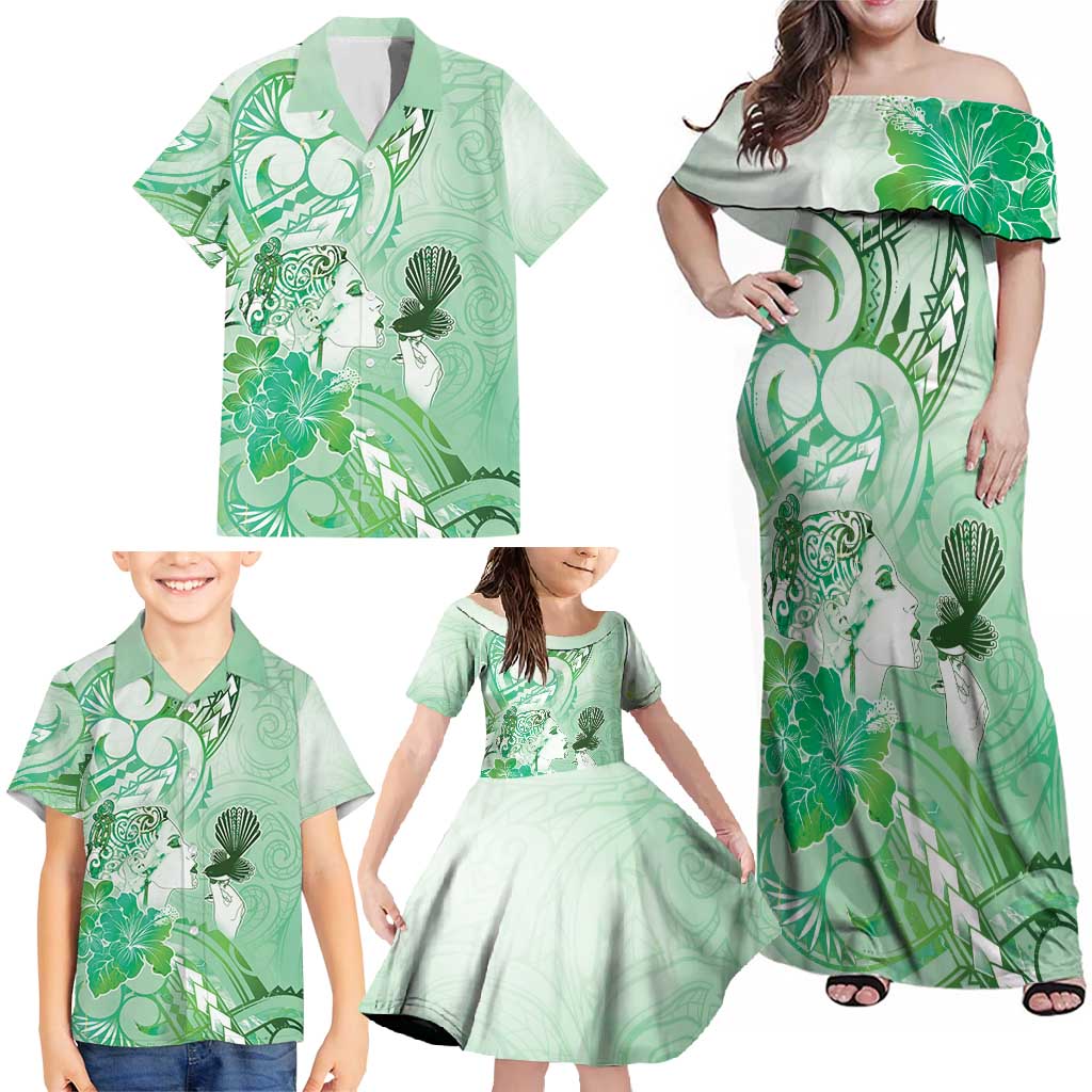 Aotearoa Maori Wahine Family Matching Off Shoulder Maxi Dress and Hawaiian Shirt Fantail Bird Green Gold Marble